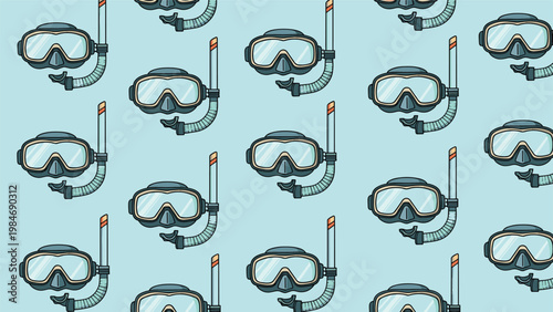 Repeating seamless pattern of diving masks and snorkels on a light blue background for swimming, snorkeling, and summer vacation themes.