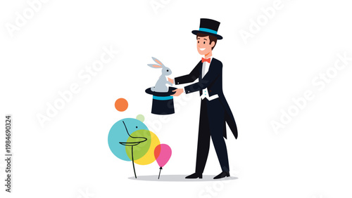 Happy magician performing a classic trick by pulling a grey rabbit out of a black top hat with colorful abstract circles in the background.