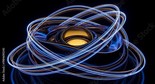 Abstract digital art of glowing energy rings around a sphere.