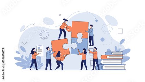 Team of people working together to assemble giant puzzle pieces near a stack of books to represent education, problem solving, and cooperation.