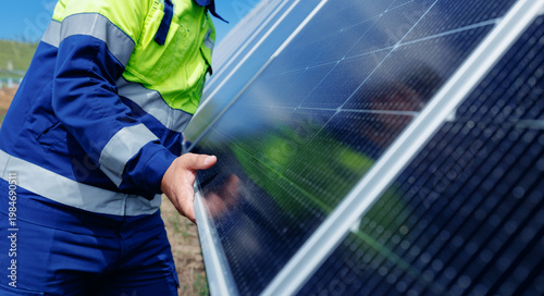 Photos Worker on solar panel installation in outdoor renewable energy setup, eco energy