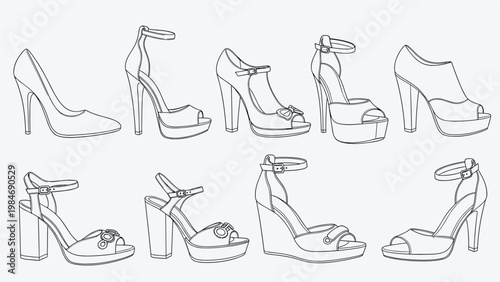 Line art drawings of various women fashion footwear featuring different styles of high heels, sandals, and platforms in a minimalist black and white style.
