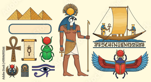 Ancient Egyptian Symbols: Gods, Pyramids, Hieroglyphs, Scarab, Ankh, Eye of Horus, Boat