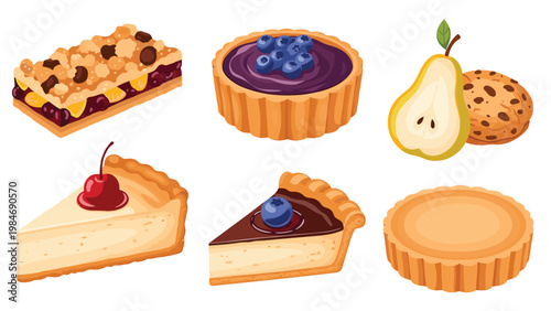 Selection of delicious desserts including a berry tart, cheesecake slices, a fruit crumble square, and a fresh pear with chocolate chip cookies.