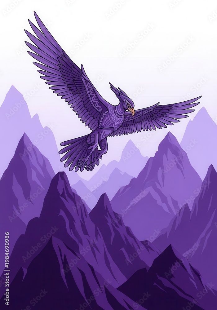 Fototapeta premium Ornamental bird of prey flies over purple mountain peaks.