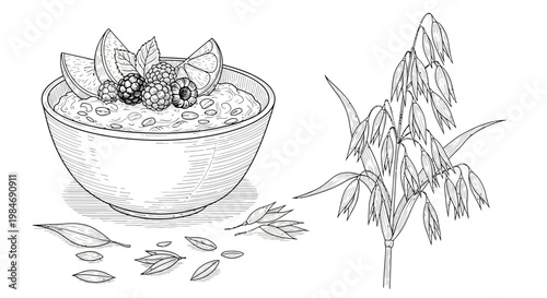 Oatmeal bowl with berries and orange slices, and oat plant illustration