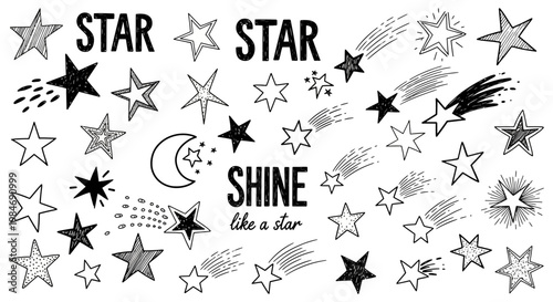Hand-Drawn Stars and Moon Doodles with Inspirational Text "Shine Like a Star"