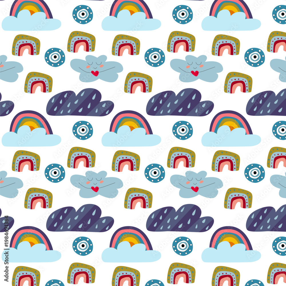 Obraz premium Vector seamless pattern on a light isolated background with clouds and rainbows.