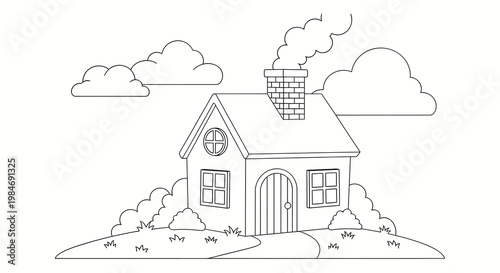 house with smoke coming out of chimney on hill with clouds for architecture design