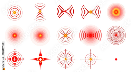 Collection of red concentric circles and target symbols representing sound waves, signals, and pain points