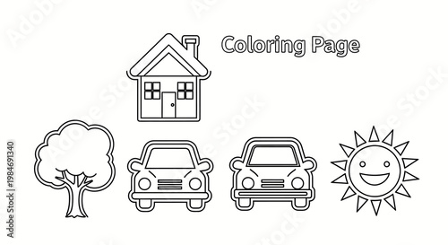 kids coloring page with house tree cars and sun for children activity book