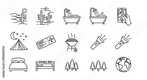 A versatile collection of minimalist line art icons representing modern living, travel, outdoor adventures, home comfort, and digital connectivity for various design projects