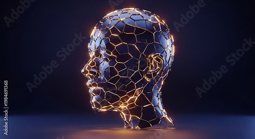 Abstract digital human head with glowing golden lines.