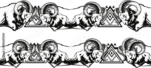 Detailed Black and White Ram Illustration with Geometric Tribal Patterns