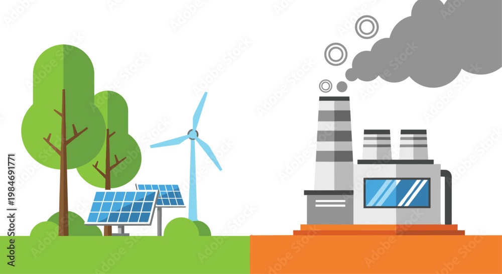 Naklejka premium Renewable Energy vs Industrial Pollution Illustration with Solar Panels, Wind Turbine, Green Nature, and Factory Smoke Emissions Concept in Flat Vector Style