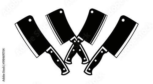 Four black silhouette meat cleavers arranged in a fanned pattern, sharp kitchen tools for butchering and chopping meat.