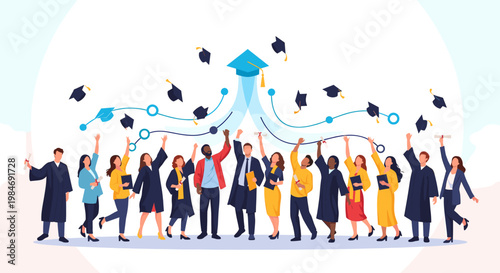 A cheerful illustration depicting graduates celebrating their achievement, evoking feelings of accomplishment and bright futures, ideal for educationa
