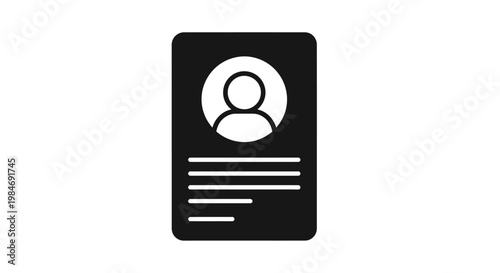 Black and white icon of a profile card with a user avatar and text lines.