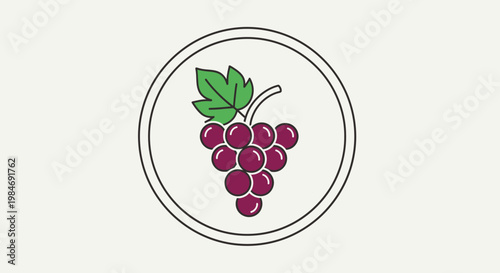 A simple vector illustration of a bunch of purple grapes with a green leaf, enclosed within a double circular outline on a light background.