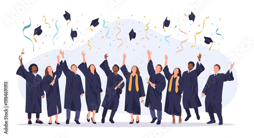 A vibrant illustration capturing the joy and accomplishment of graduation, perfect for educational materials, celebrating milestones, or conveying the