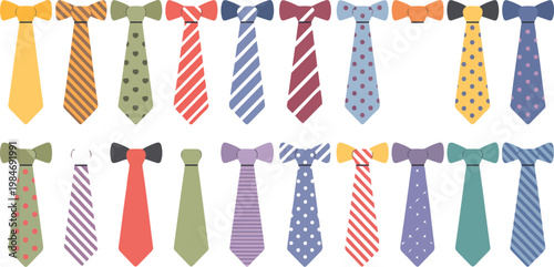 Set of colorful neckties and bow ties with various patterns, stylish men accessories for business and party outfits in flat vector illustration