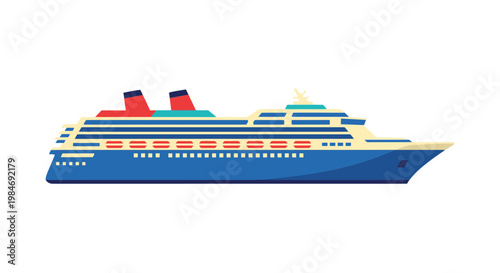 Cruise Ship Vector Illustration, Flat Style Graphic of a Large Passenger Liner for Travel and Maritime Tourism Concepts
