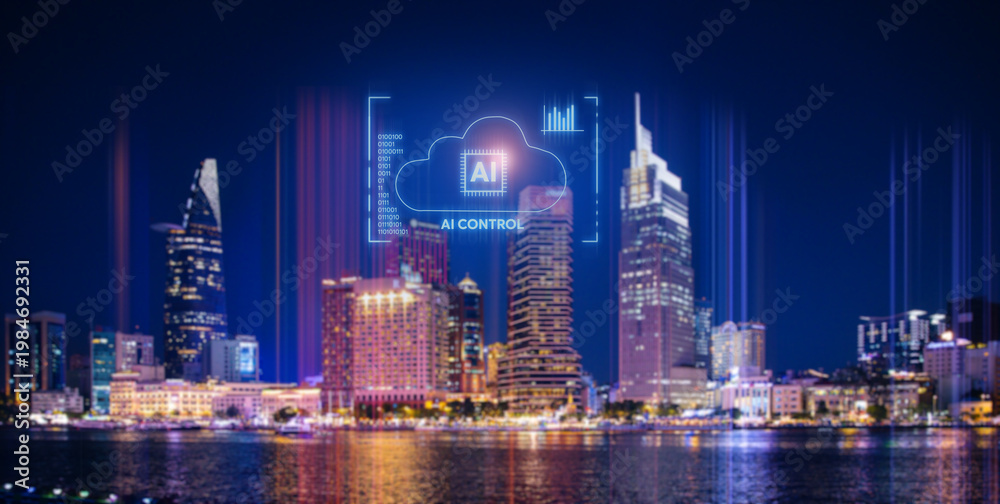 Fototapeta premium City skyline with AI cloud control interface and data center technology