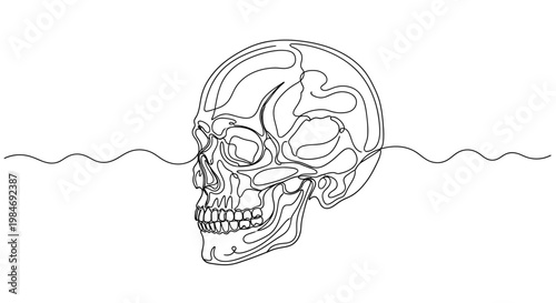 Elegant single-line artwork showcasing a stylized human skull with a dynamic wave passing through, representing the intricate connection between life's fragility and the subconscious flow of existence