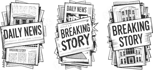 Stack of newspapers with headlines daily news and breaking story featuring architectural