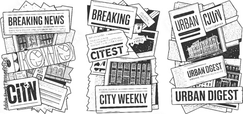 Black and white newspaper headlines and building in a collage style breaking urban