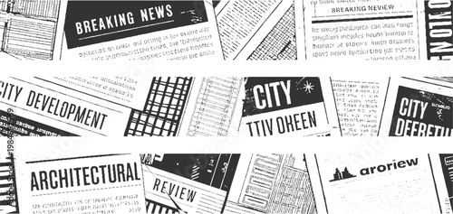 Collage of newspaper headlines and text in black and white with a style