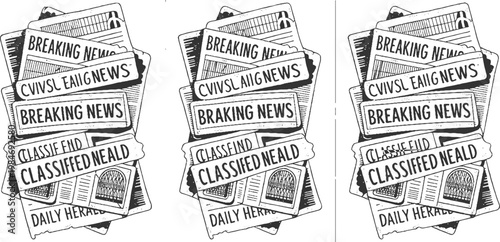Stack of black and white hand drawn newspapers with headlines breaking news classified and daily herald