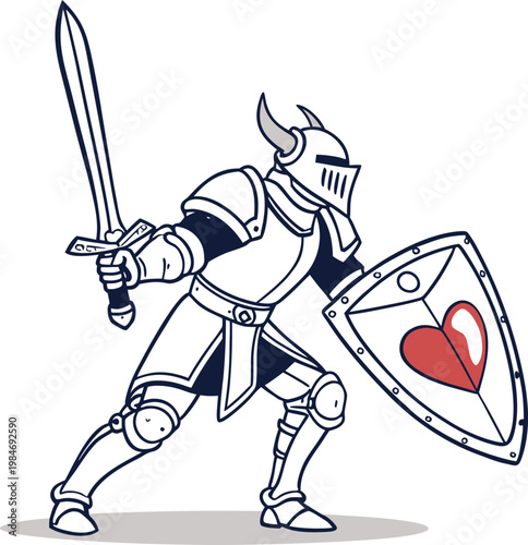 Medieval warrior with horned helmet brandishing sword and shield