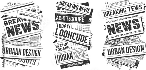 Black and white newspaper headlines and text fragments including urban and breaking news