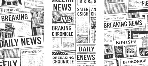 Black and white newspaper pages with headlines and text blocks in a collage style breaking daily chronicle