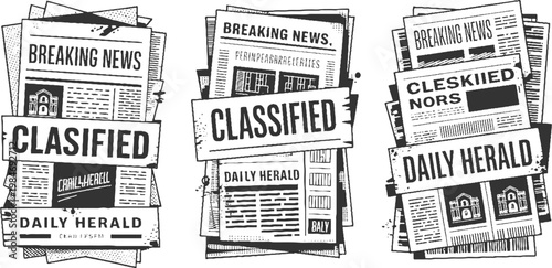 Three stacks of black and white newspapers with headlines breaking news classified and daily herald