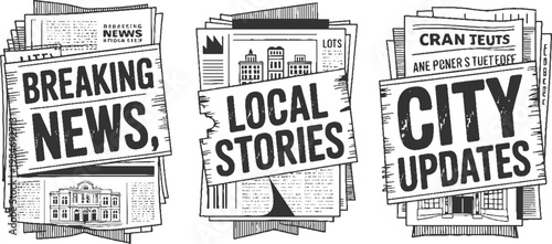 Three stacks of newspapers with headlines reading breaking news local stories and city updates in a black and white style