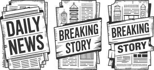Stacked newspapers with headlines daily news and breaking story in black and white style