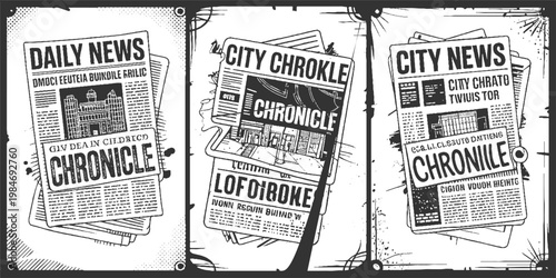 Three black and white newspaper headlines with of buildings and text daily city