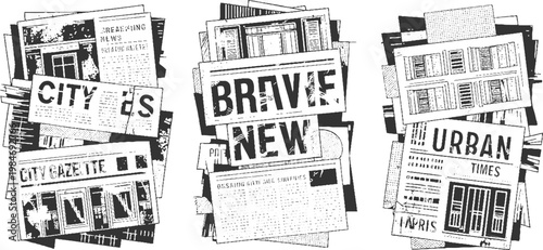 Stack of black and white newspapers with headlines like city times brave new urban times