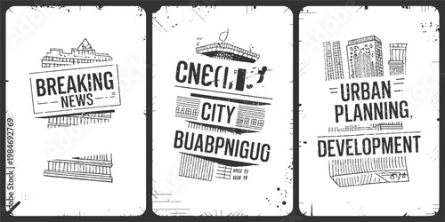 Three panels with black and white line of cityscapes and text related to urban development and news