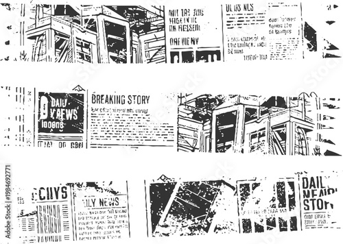 Black and white collage of newspaper headlines and building structures
