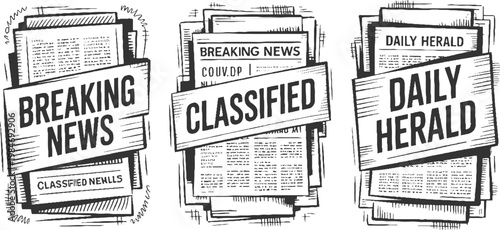 Three stacks of newspapers with headlines reading breaking news classified and daily herald in a hand drawn style
