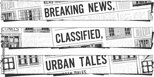 Black and white newspaper clippings featuring headlines breaking news classified and urban tales with architectural