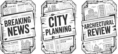 Three newspaper clippings featuring headlines breaking news city planning and architectural review with of buildings and birds