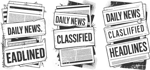 Stacked newspapers with headlines daily news classified and headlines text in black and white