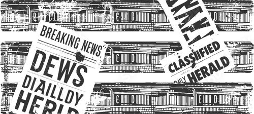 Black and white newspaper clippings with headlines breaking news and classified ads layered over a textured background