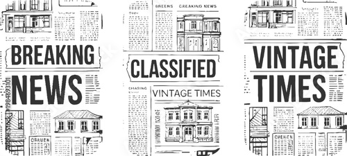 Vintage newspaper clippings with of buildings and headlines like breaking news classified and vintage times