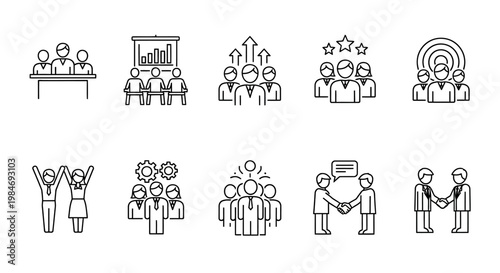 Business team collaboration and success icons representing leadership, teamwork, and achievements in a corporate setting