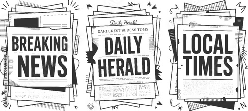 Three stacks of newspapers with headlines breaking news daily herald and local times in a hand drawn style